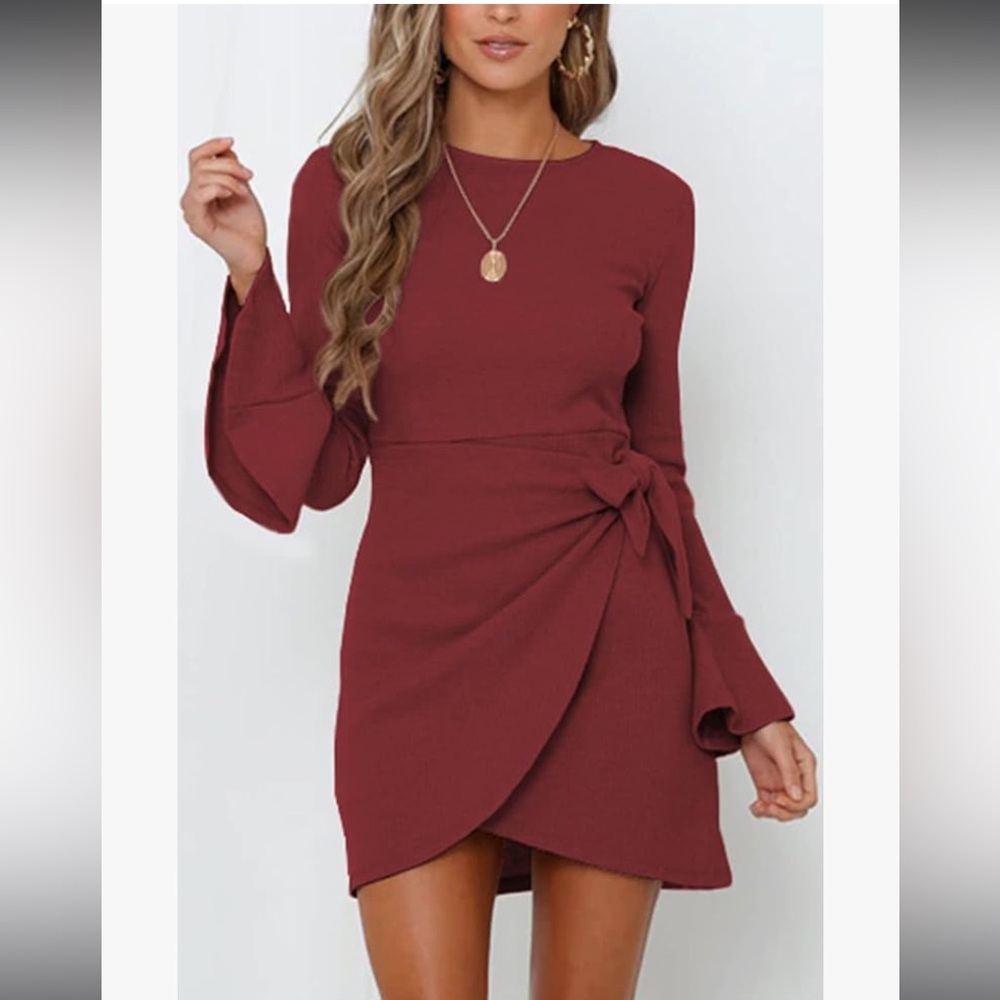 Wrap Tie‎ Waist Long Bell Sleeve Mini Elegant Burgundy Size Large dress - Picture 3 of 11